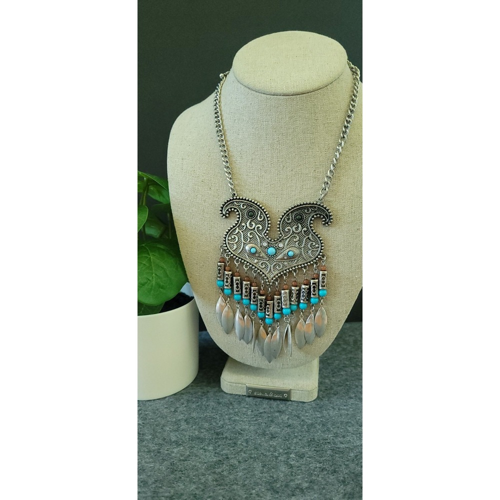 Boho Southwestern Style Filigree Fringe Statement Necklace Blue Beads 16in